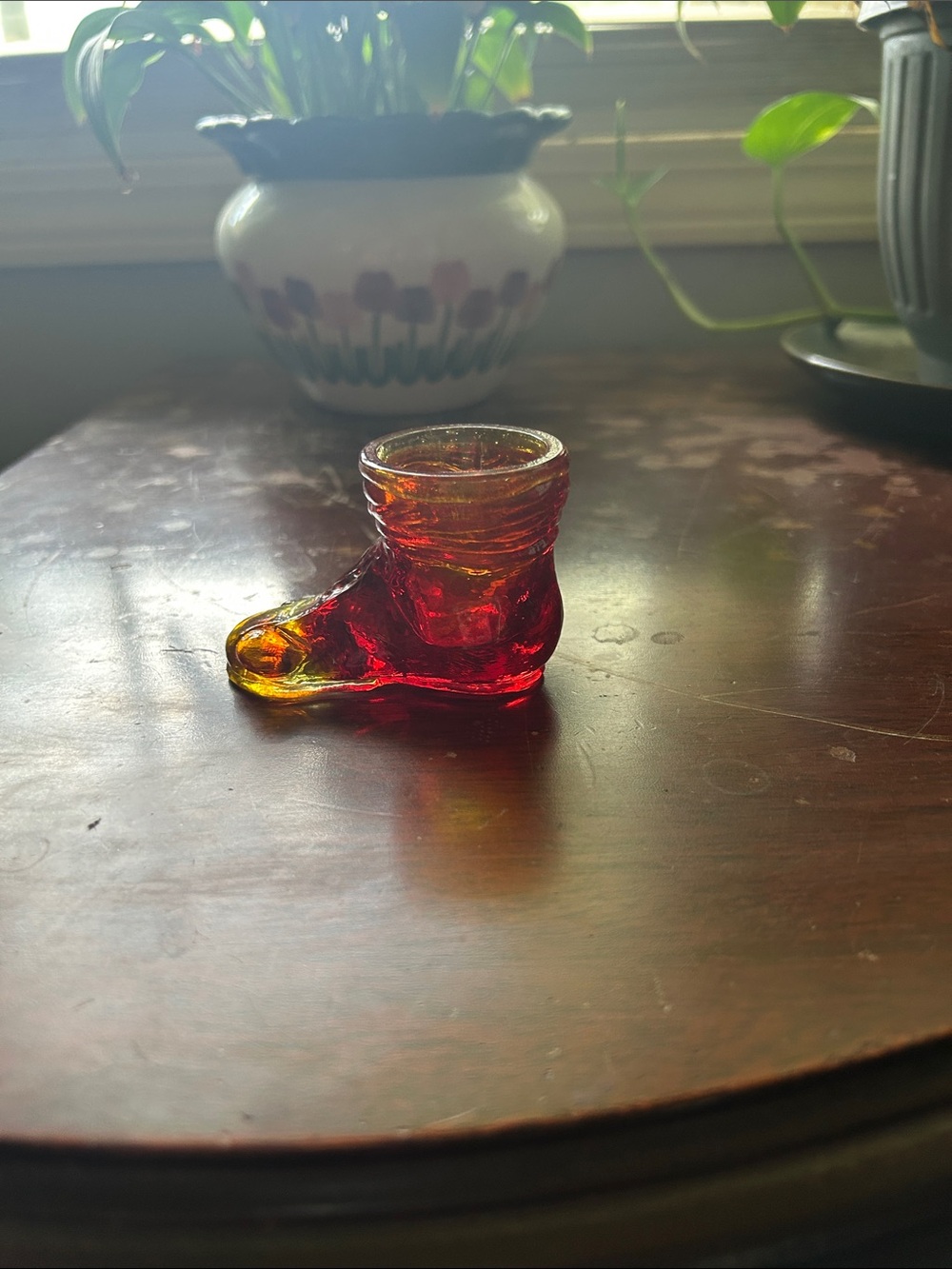 Beautiful vintage amberine glass hobo boot